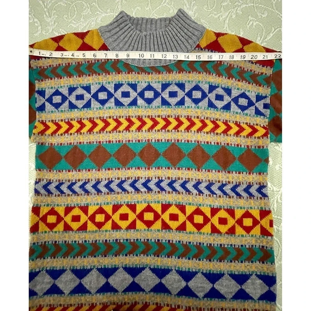 Vintage Lerner! Sweater Womens Large Multicolor Geometric Mock Neck 80s‎